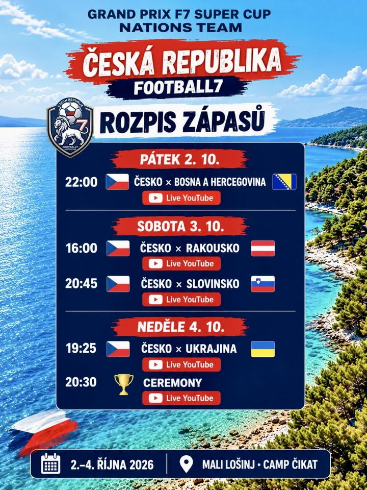 Rozpis zápasů české reprezentace na Grand Prix F7 Super Cup Nations Team 2026
